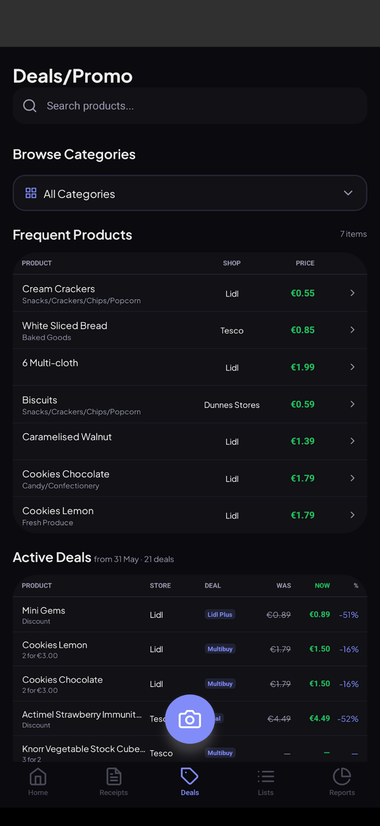 Deals and price comparison screen