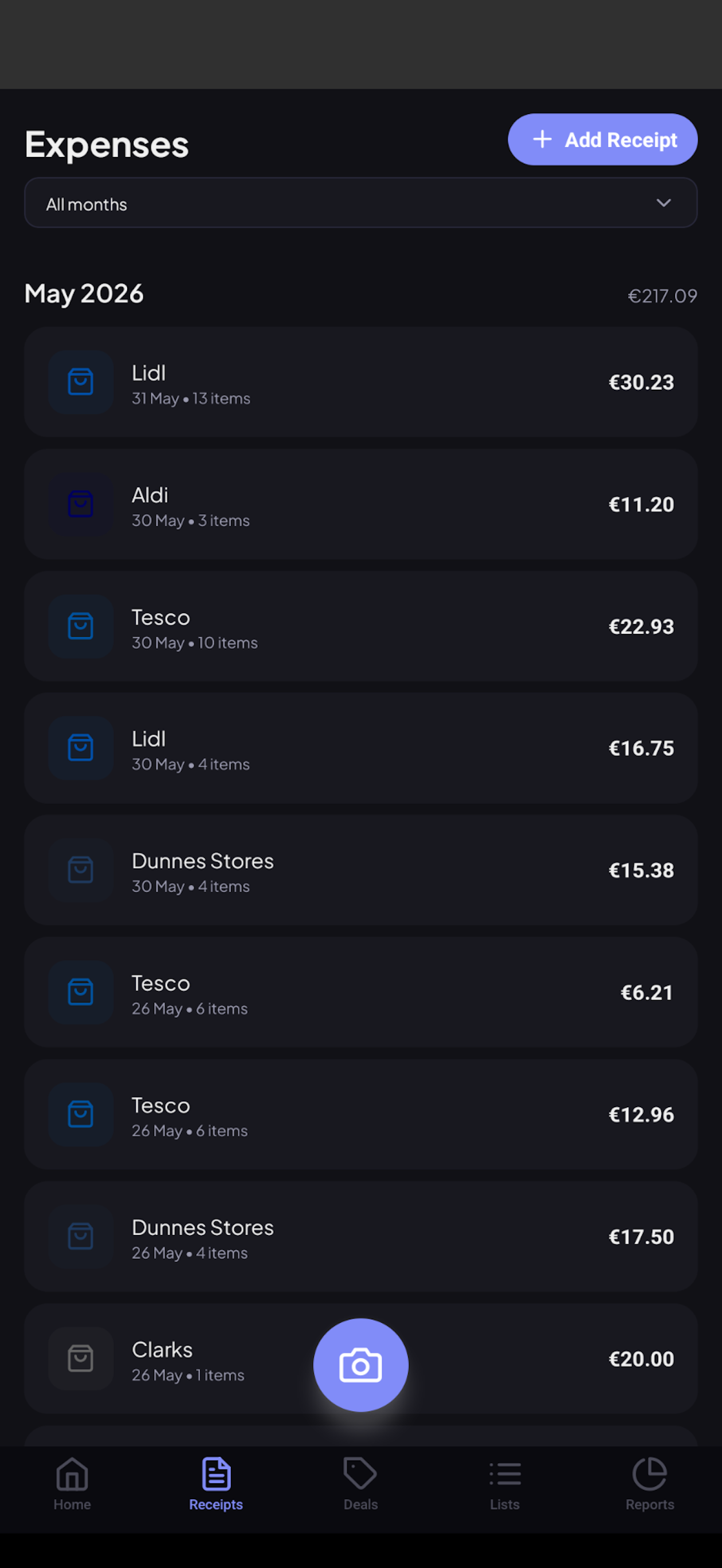 Expenses screen