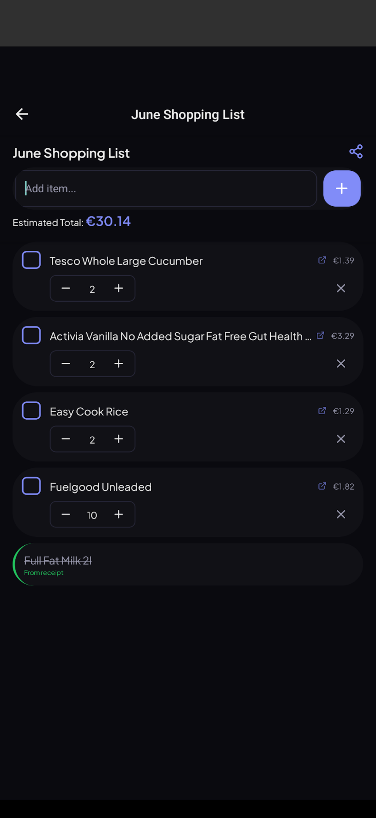 Shopping list screen